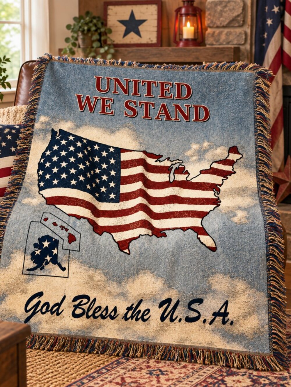 United We Stand God Bless USA Patriotic Tapestry Throw Blanket 48x70 Afghan